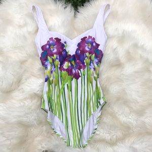 Gottex one piece swimsuit white floral rhinestones